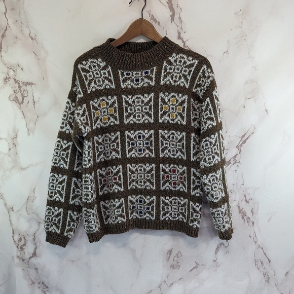 Vintage Sweater Womens Large Brown Medallion Boho Granny Square 90s Knit Pattern - Picture 1 of 10